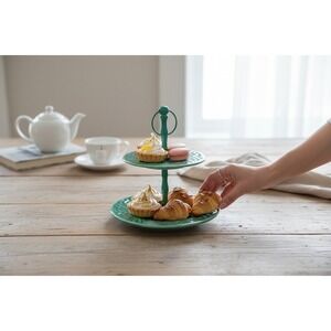 Marshalls 2 Tier Serving Stand Teal Green Ceramic Embossed Zigzag Brand New